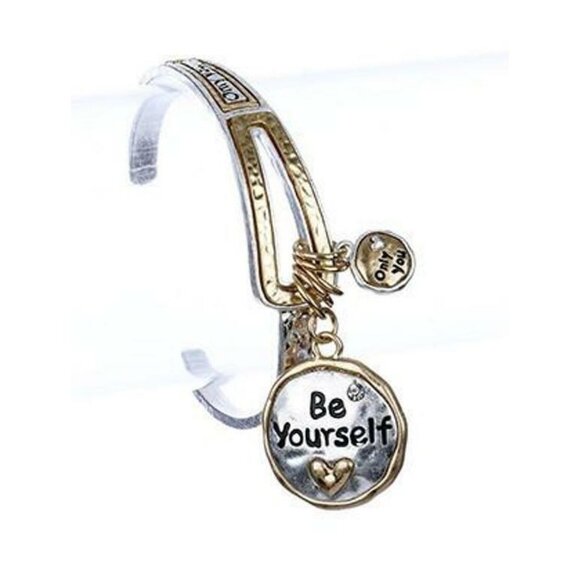 Two Tone Silver Gold Hammered Be Yourself Message Charm Cuff Bracelet - Picture 1 of 1